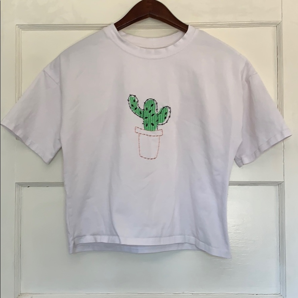 White Crop Top with Cactus Graphic